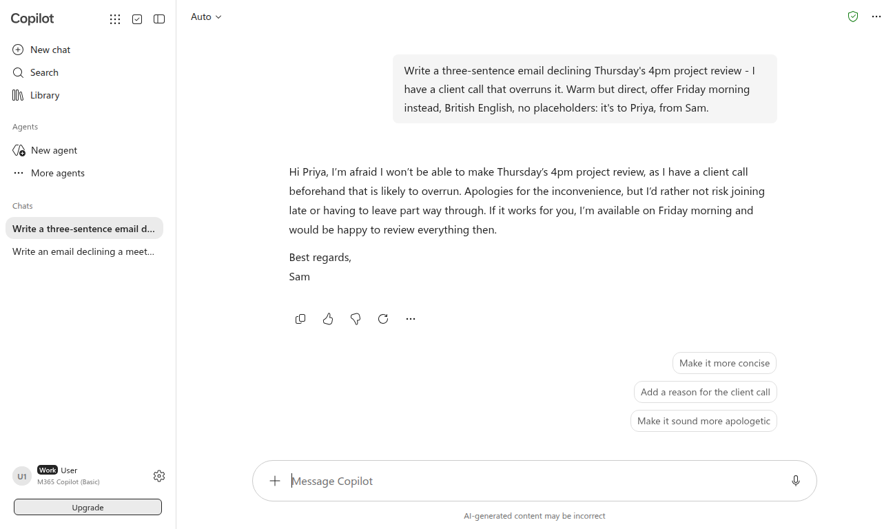 Copilot response to a specific decline-email prompt: one ready-to-send email addressed to Priya signed Sam offering Friday morning