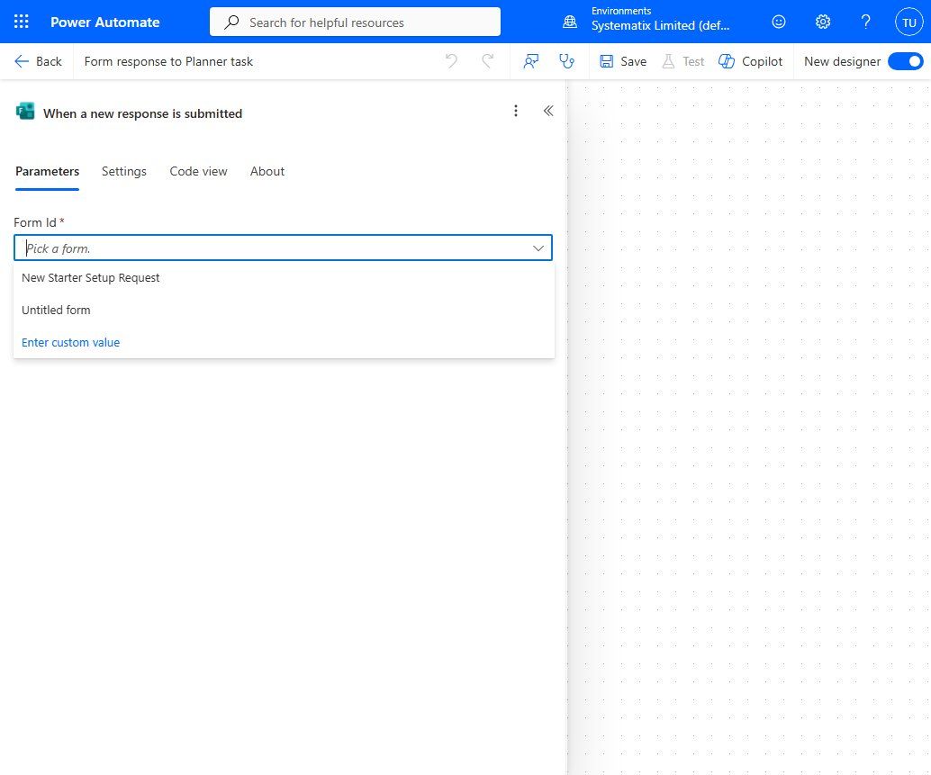 The Form Id dropdown on the trigger, listing the forms your account owns