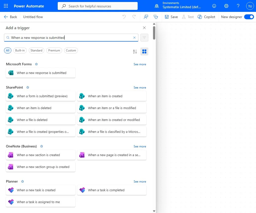 Searching the trigger box for the Microsoft Forms 'When a new response is submitted' trigger
