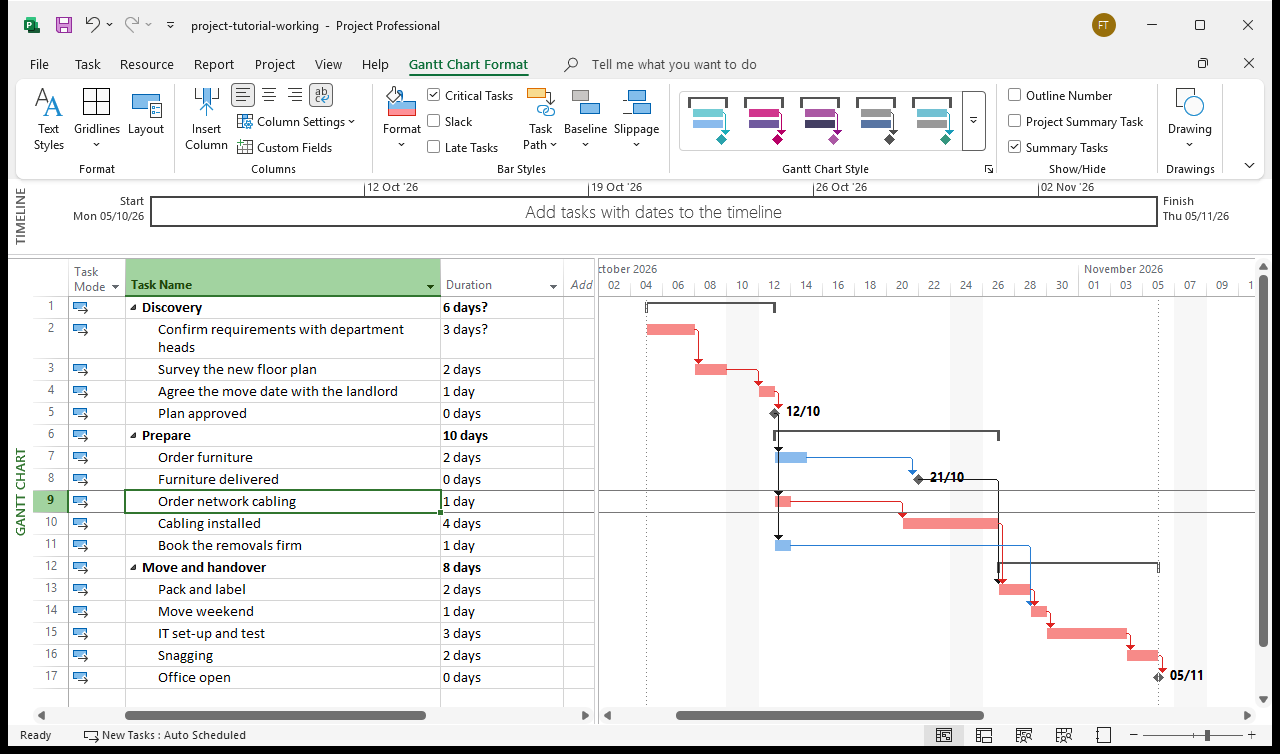 The Gantt Chart Format tab with the Critical Tasks checkbox ticked, showing the critical chain rendered in red while Order furniture, Furniture delivered and Book the removals firm remain blue and non-critical