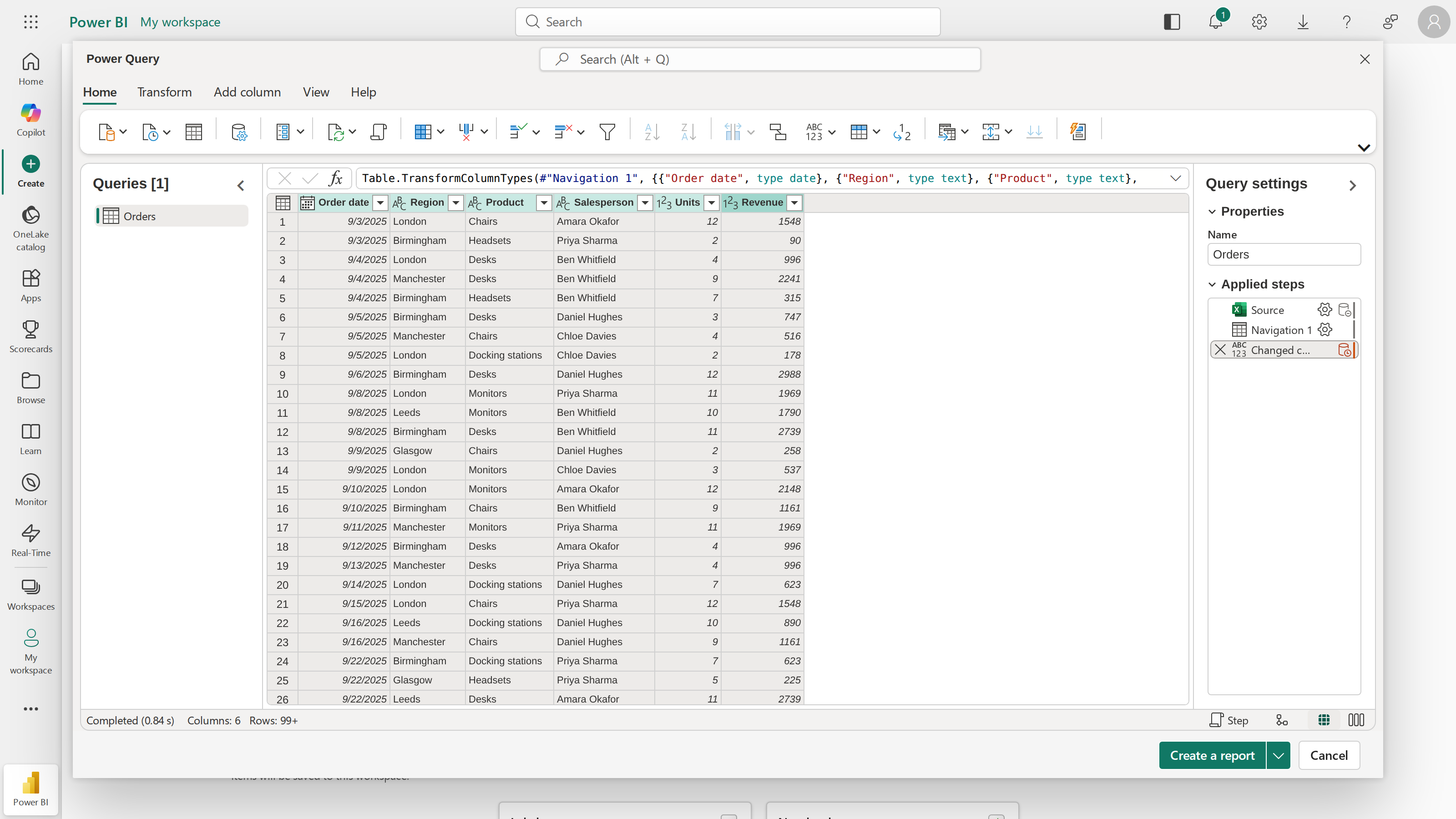 The Order date column now showing real dates starting 9/3/2025, with Changed column type recorded in Applied steps