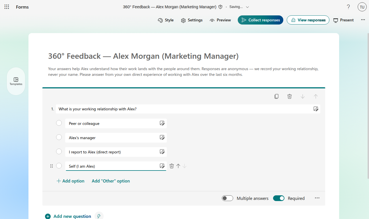 Single-choice question asking What is your working relationship with Alex, four options, Required switched on