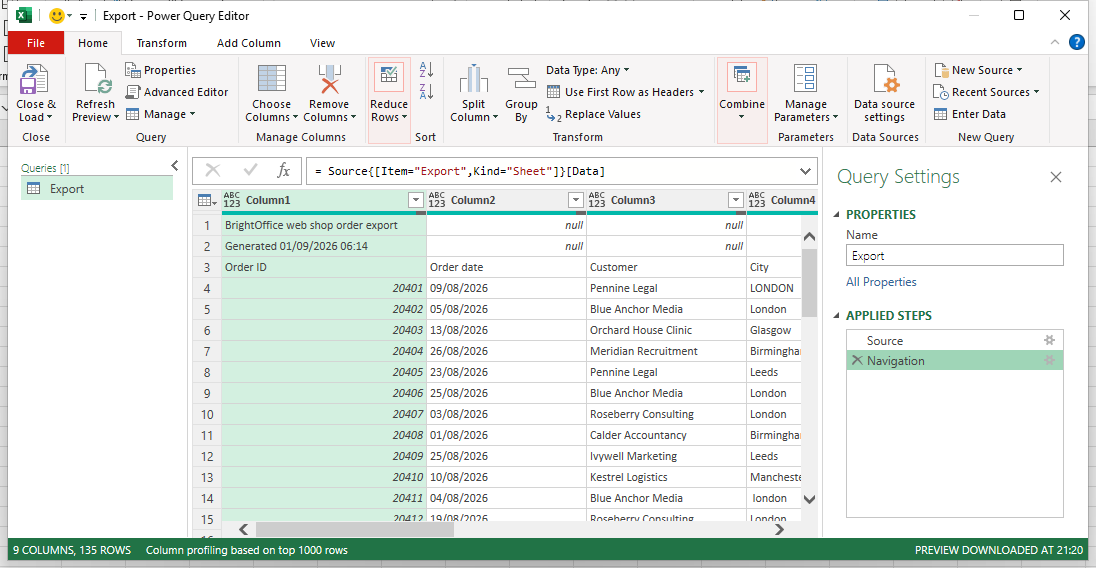 The Power Query Editor as it opens: Column1-style headers, banner text in the first rows, Applied Steps showing just Source and Navigation, status bar reading 9 columns 135 rows