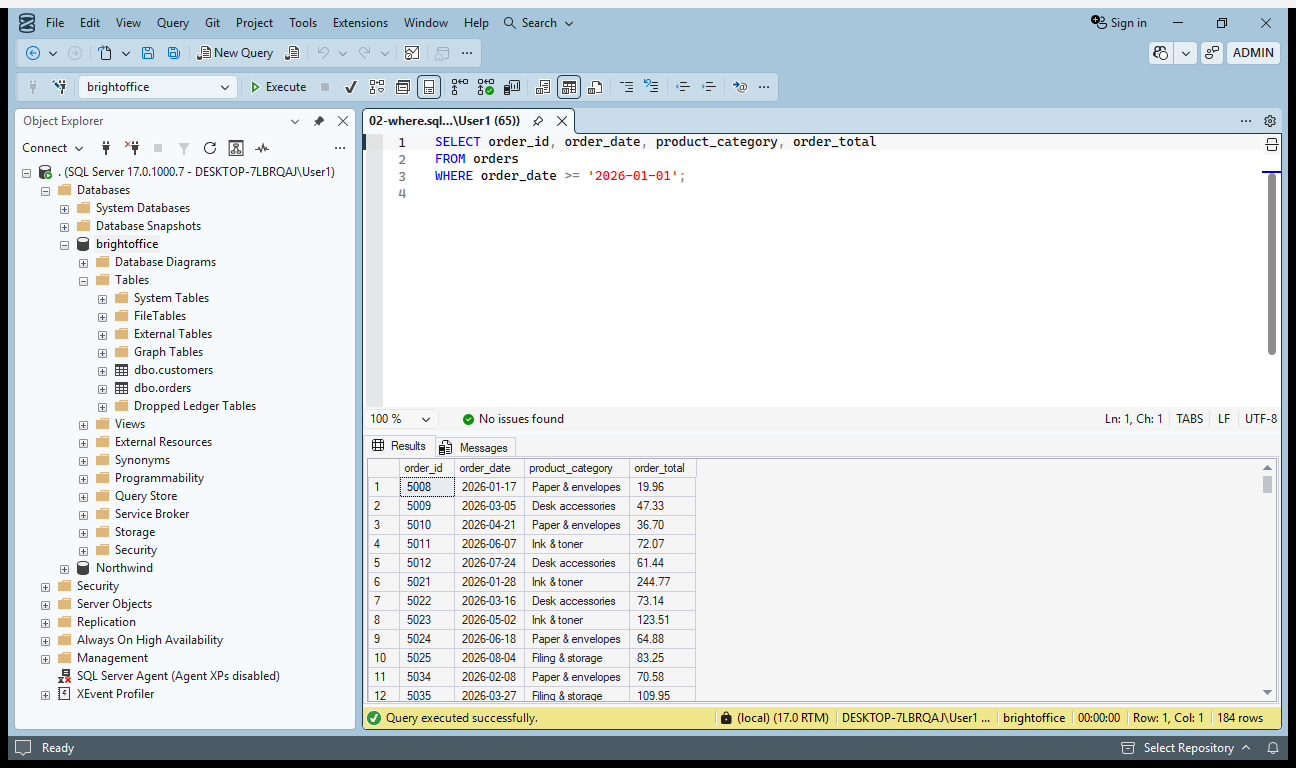 A WHERE clause on order_date filtering the 460-row orders table down to 184 rows in SSMS