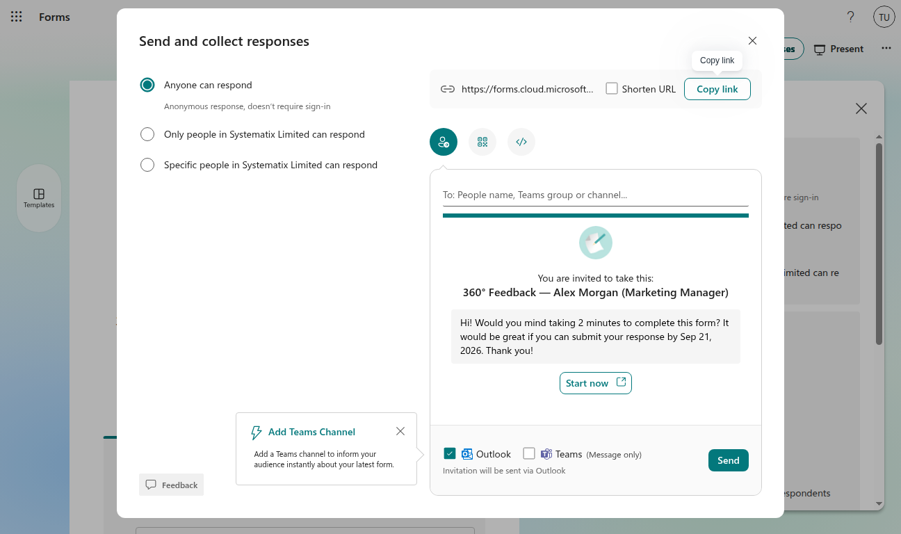 Send and collect responses panel with link, audience options and Outlook invitation