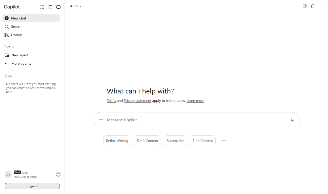 Microsoft Copilot chat in September 2026 with the Auto response-mode picker and agents sidebar