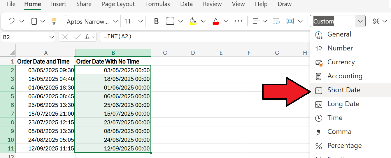 How to Remove Time from Date in Excel