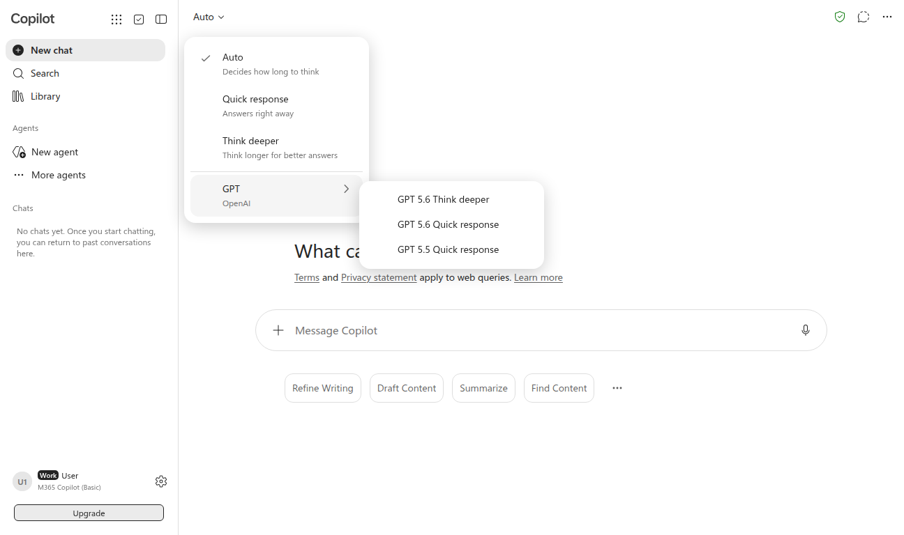 Copilot response-mode picker expanded showing Auto, Quick response, Think deeper and a GPT model submenu