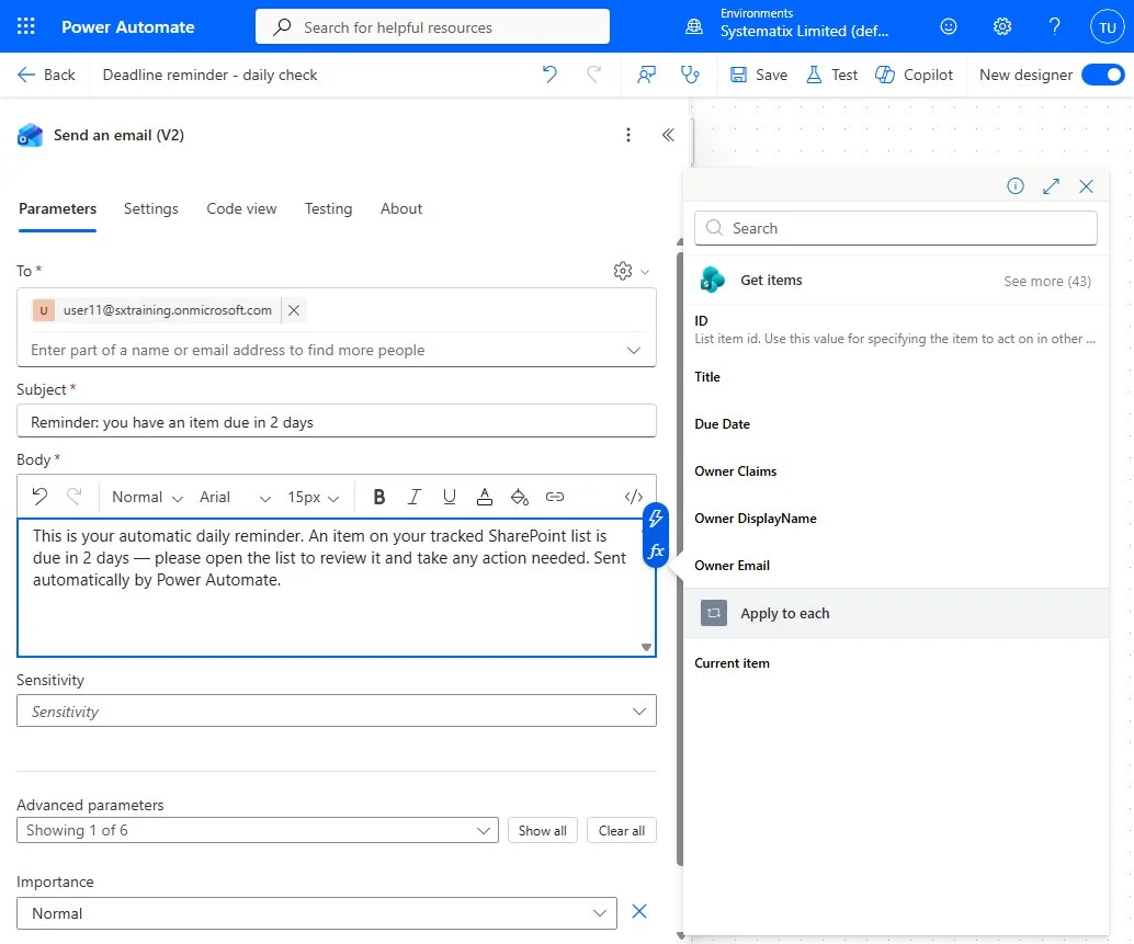 Send an email (V2) inside the loop with the To, Subject and Body fields filled in