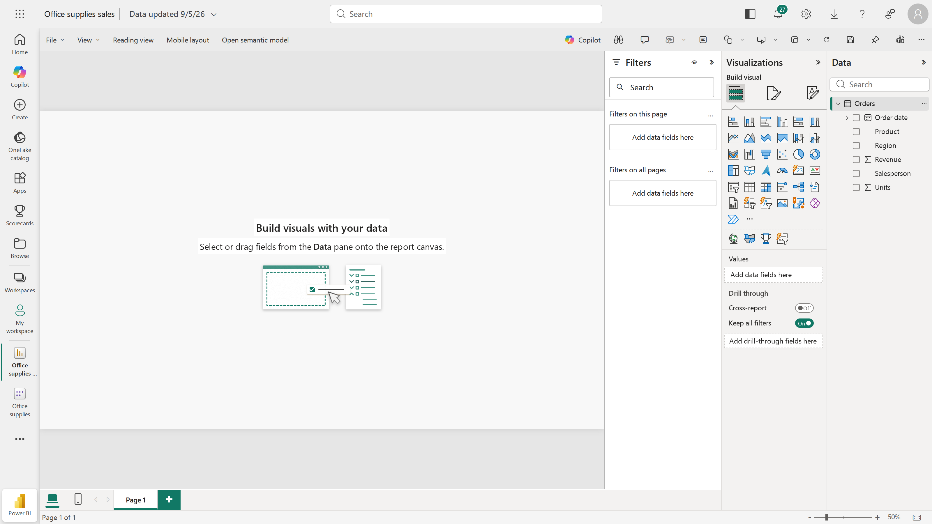 The empty report editor: canvas on the left, Visualizations gallery in the middle, and the Data pane listing the six Orders fields