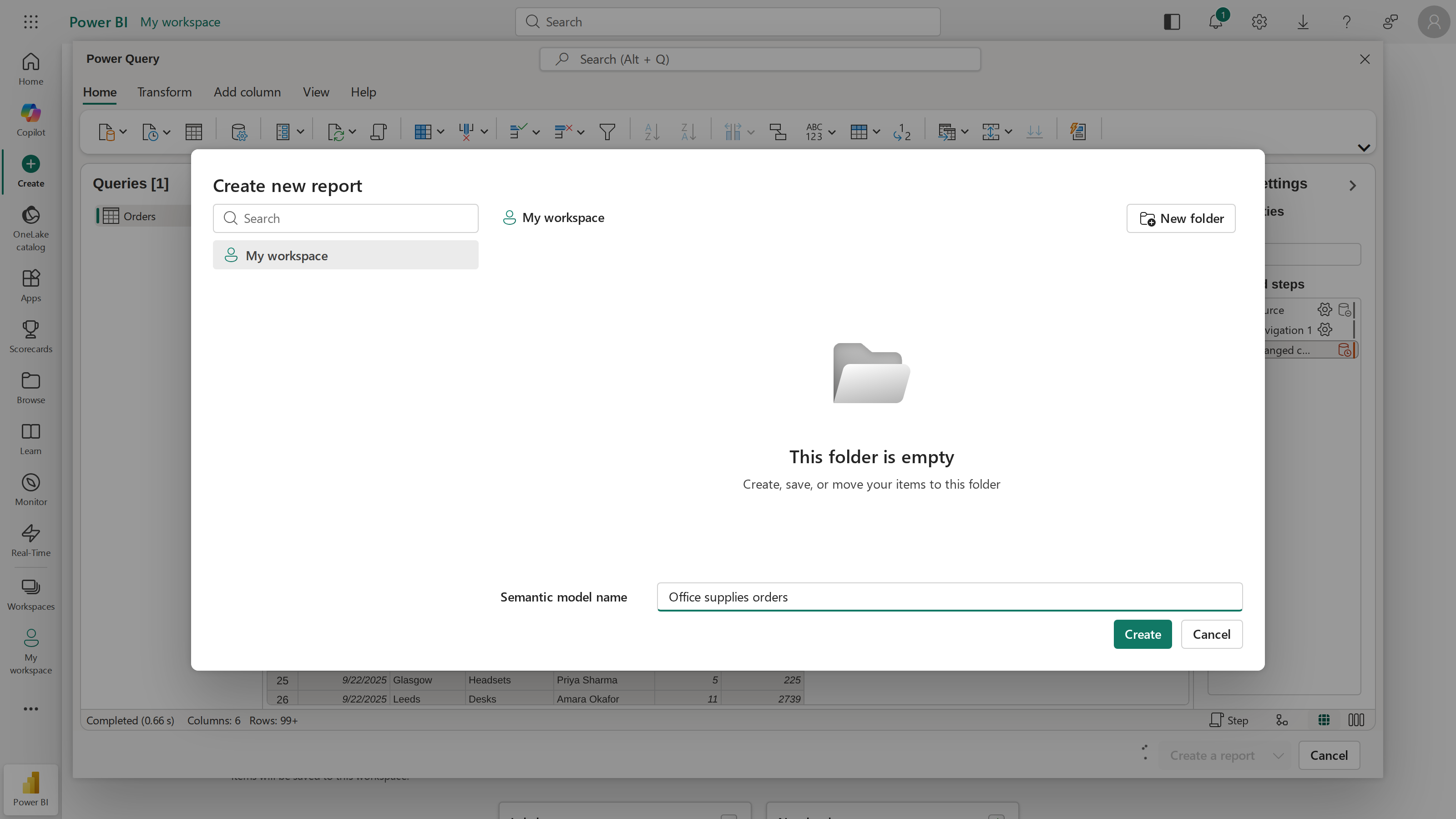 The Create new report dialog saving the semantic model, named Office supplies orders, into My workspace