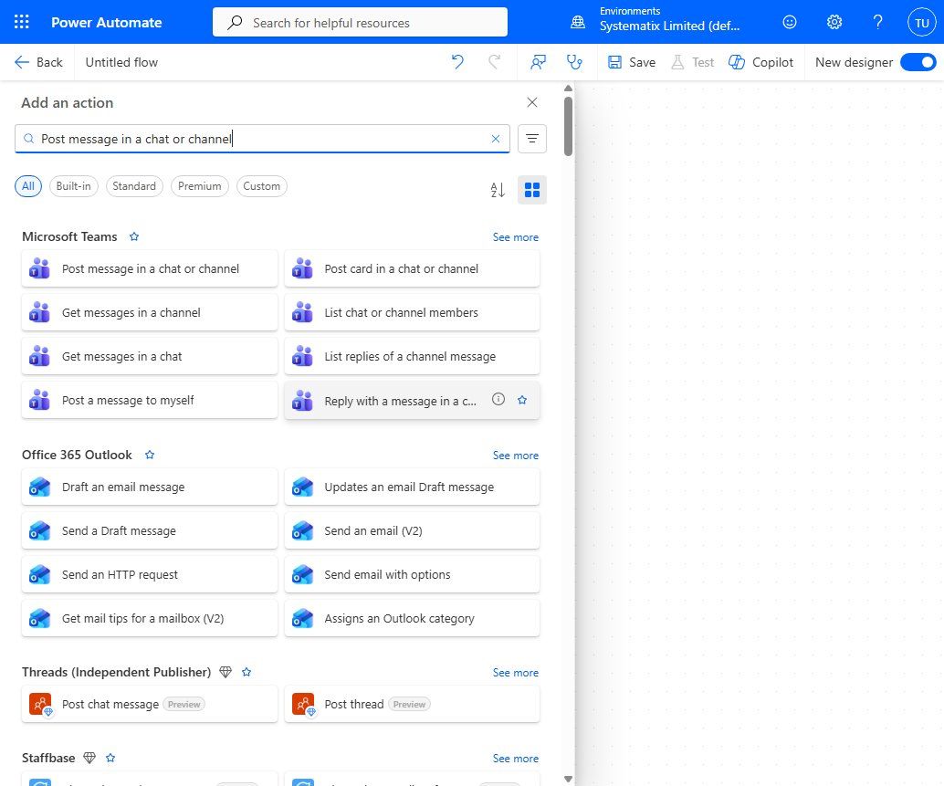 Searching for the Microsoft Teams 'Post message in a chat or channel' action