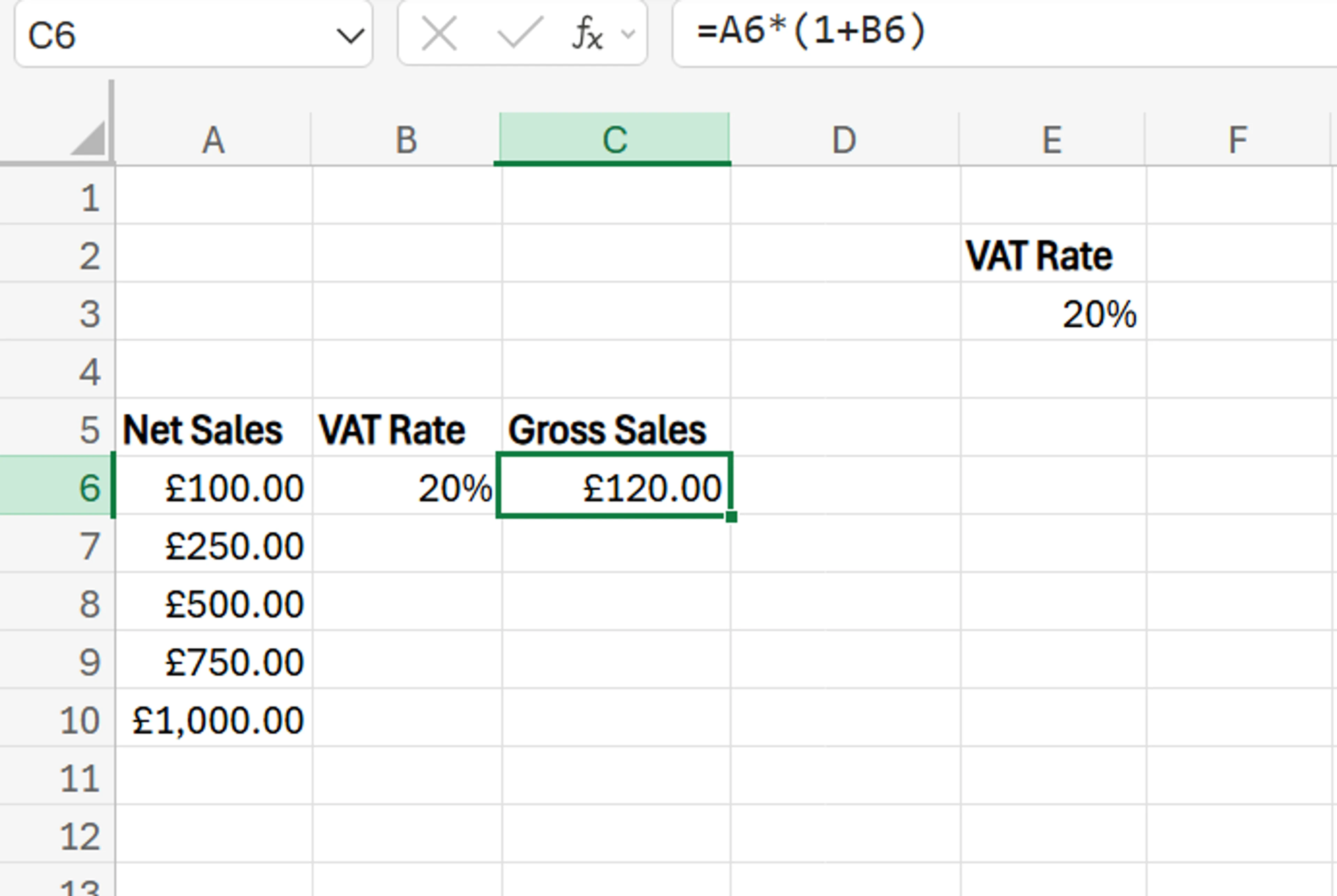 Formula for VAT on Excel