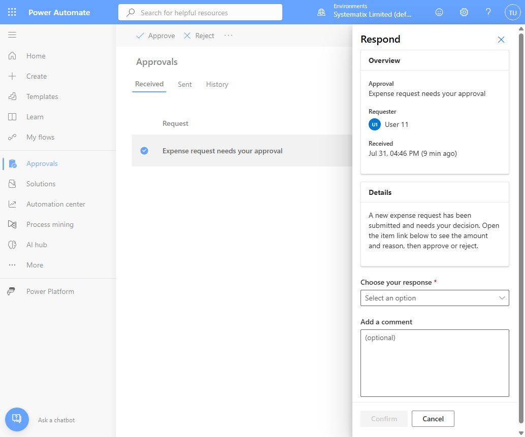 The approval card showing the request overview, details, a response dropdown and a comment box