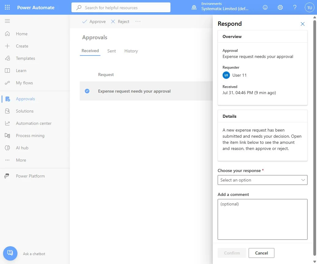 The approval card showing the request overview, details, a response dropdown and a comment box