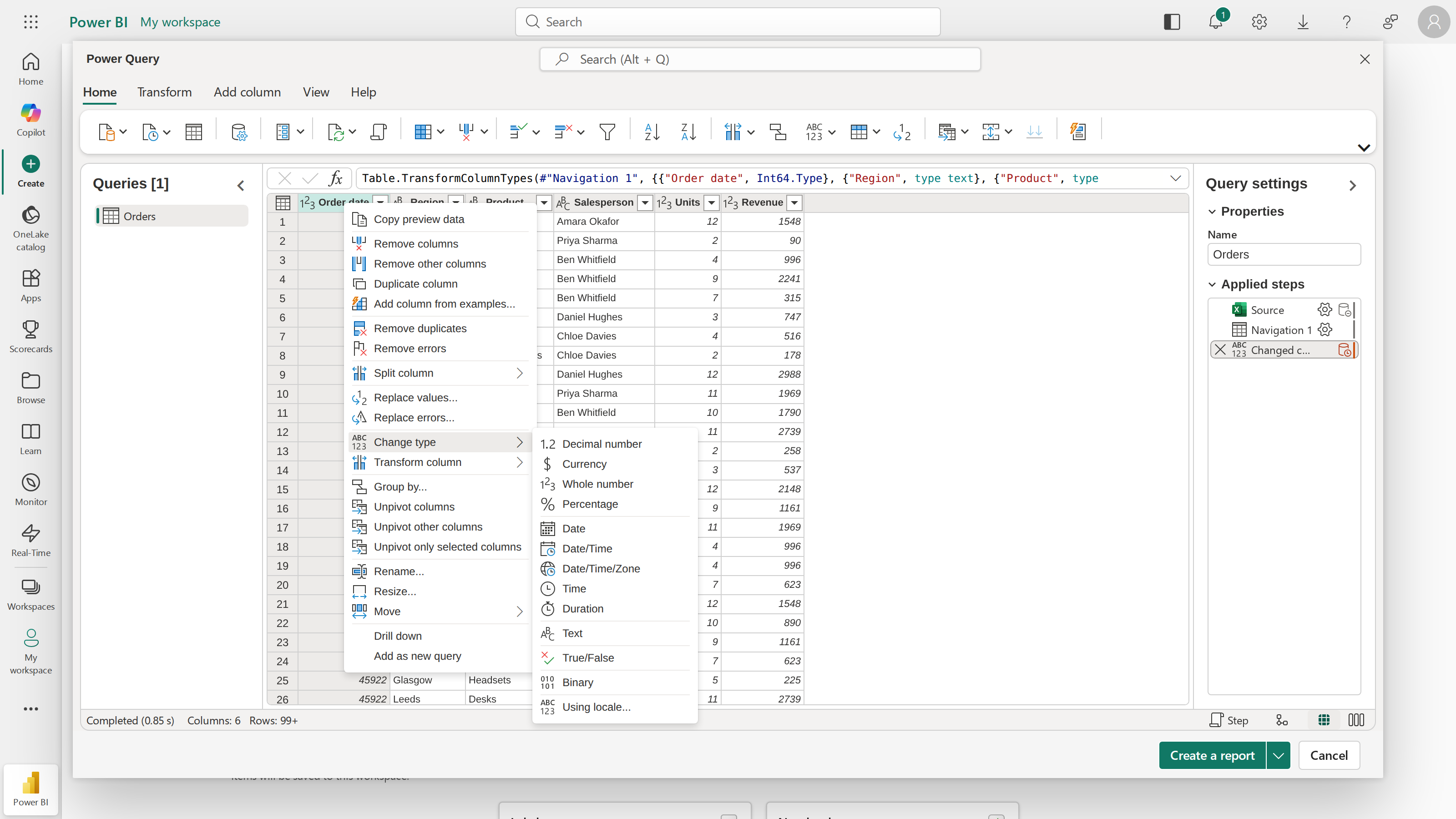 Right-click menu on the Order date column with Change type open, showing Date among the available data types