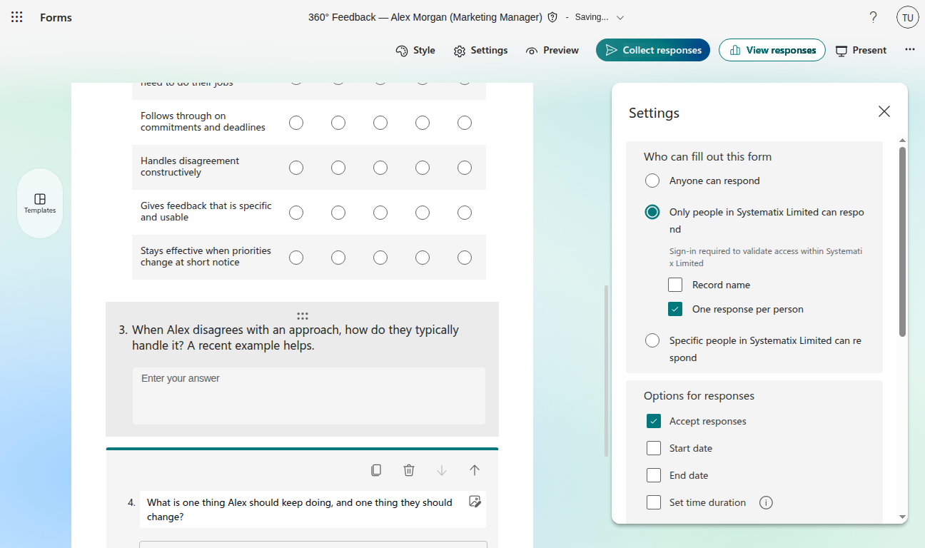 Forms settings panel with organisation-only access, Record name unticked and One response per person ticked