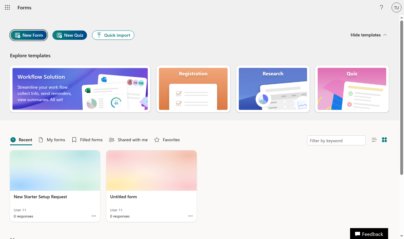 Microsoft Forms home screen with the New Form button in the top-left