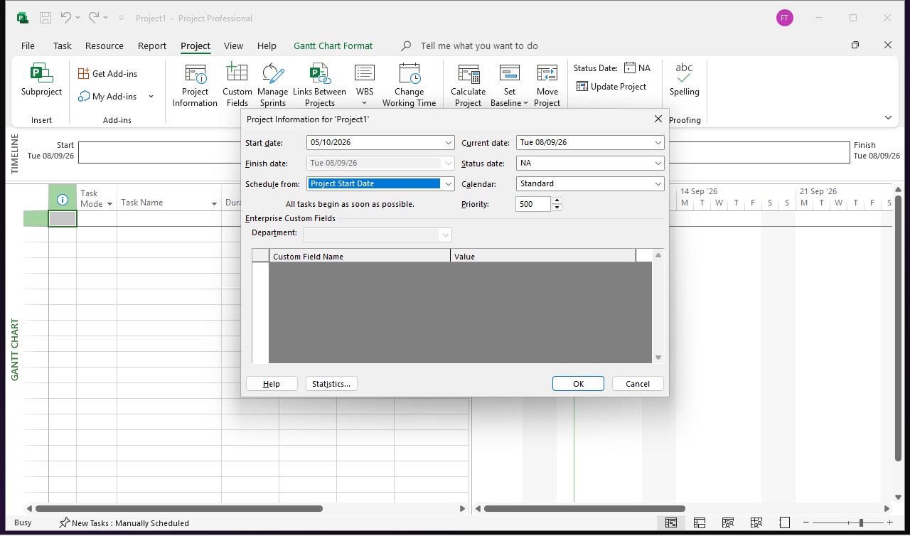 The Project Information dialog open over a blank plan, with Start date 05/10/2026, Schedule from 'Project Start Date', Calendar 'Standard' and the note 'All tasks begin as soon as possible'