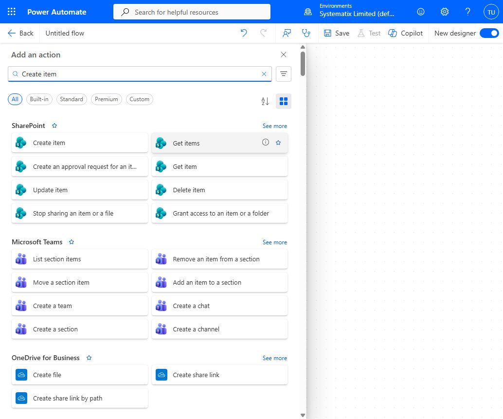 Searching for the SharePoint 'Create item' action
