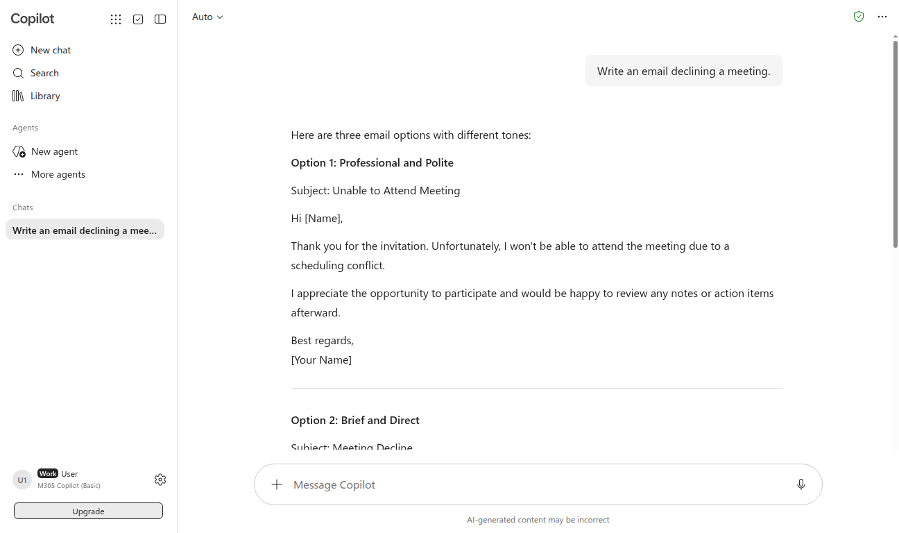 Copilot response to the vague prompt Write an email declining a meeting: three generic template options with Name placeholders