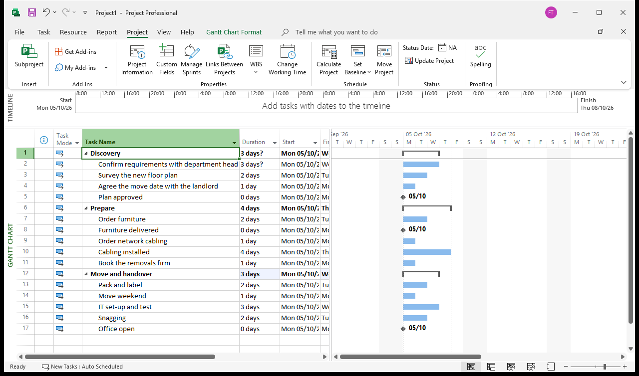 The plan restructured into three bold summary rows, Discovery, Prepare and Move and handover, with their tasks indented beneath and black summary bars spanning them in the Gantt chart