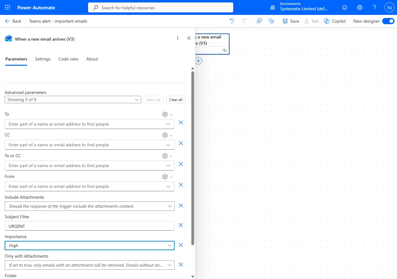 The trigger's advanced filter options — Importance, From, Subject Filter and Folder