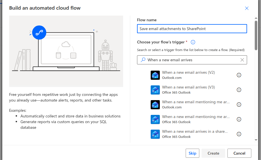 Naming the flow and choosing the "When a new email arrives (V3)" trigger