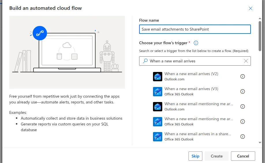 Naming the flow and choosing the "When a new email arrives (V3)" trigger