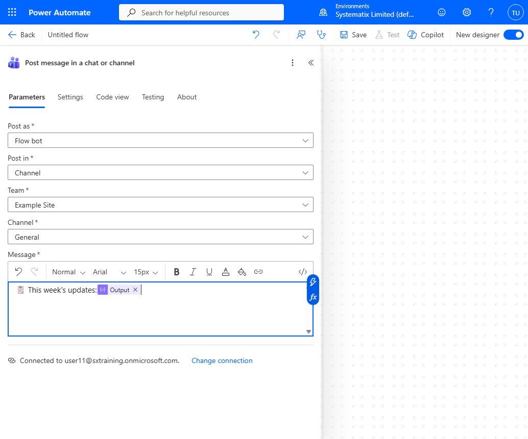 Post message configured with team, channel and the message built from the Join output