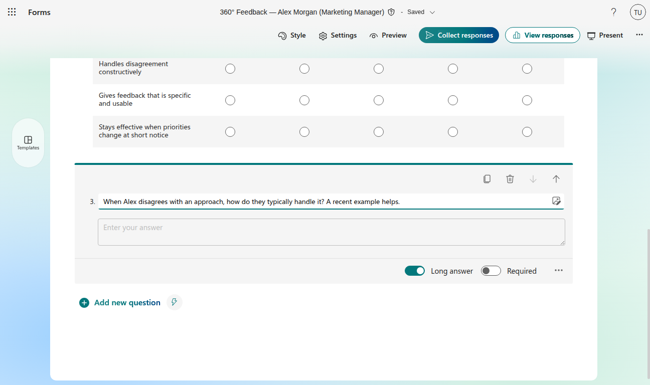 Open text question with the Long answer toggle on and Required off