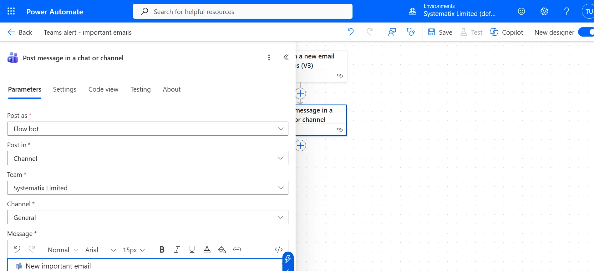 The message body filled in with the alert text and dynamic content