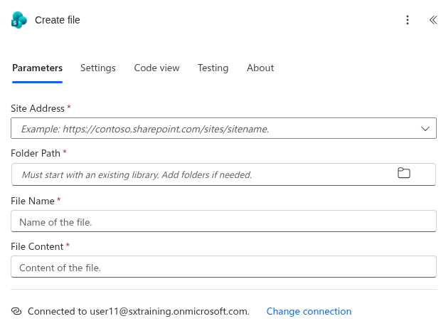 The SharePoint Create file action and its four fields: Site Address, Folder Path, File Name, File Content