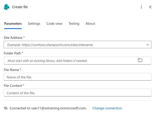 The SharePoint Create file action and its four fields: Site Address, Folder Path, File Name, File Content