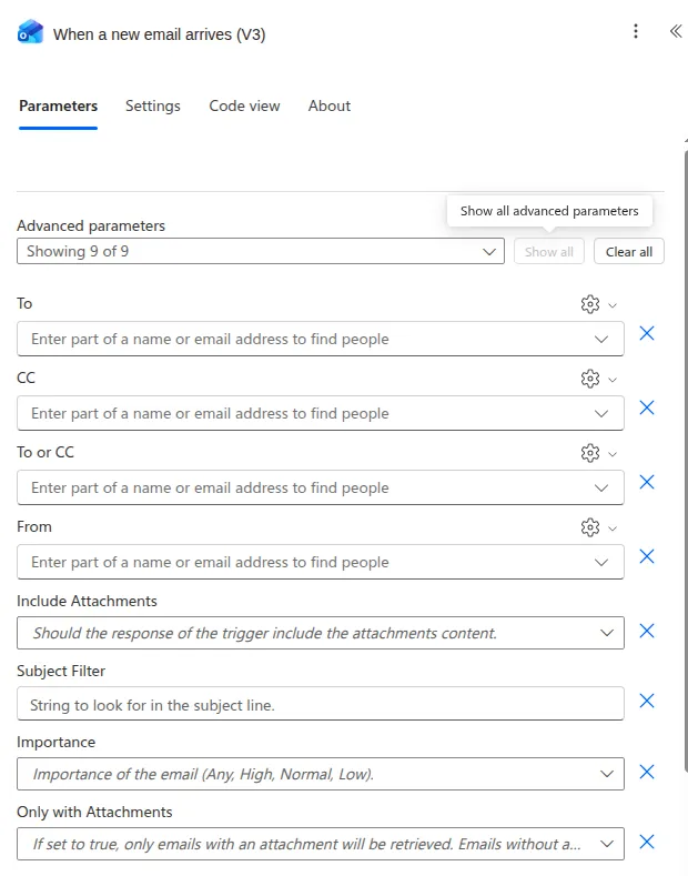 The trigger's Advanced parameters — click "Show all" to reveal From, Include Attachments, Subject Filter, Importance, Only with Attachments and Folder