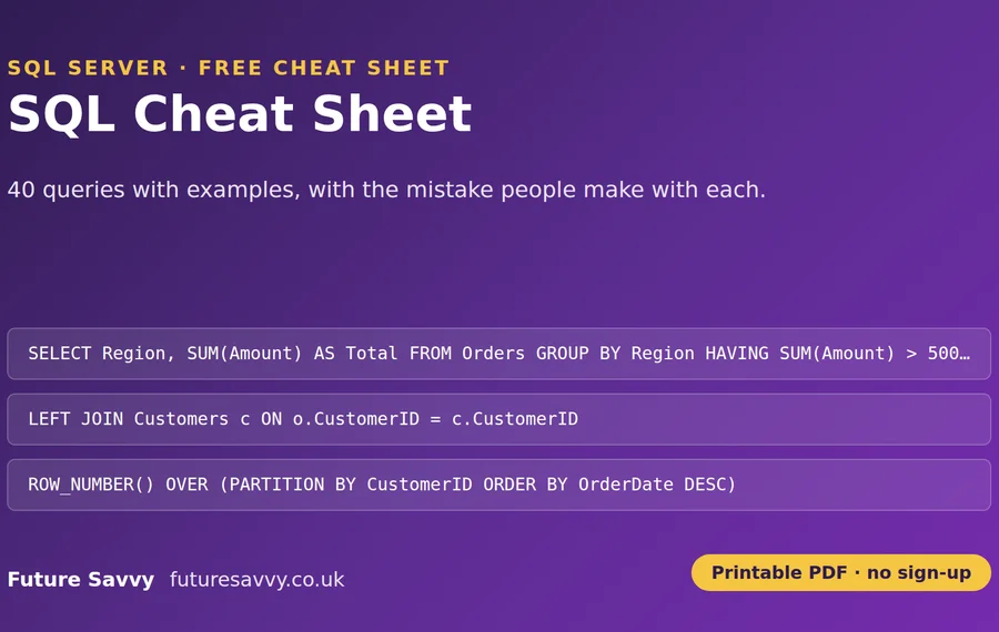 SQL Cheat Sheet: 40 queries with examples, free printable PDF