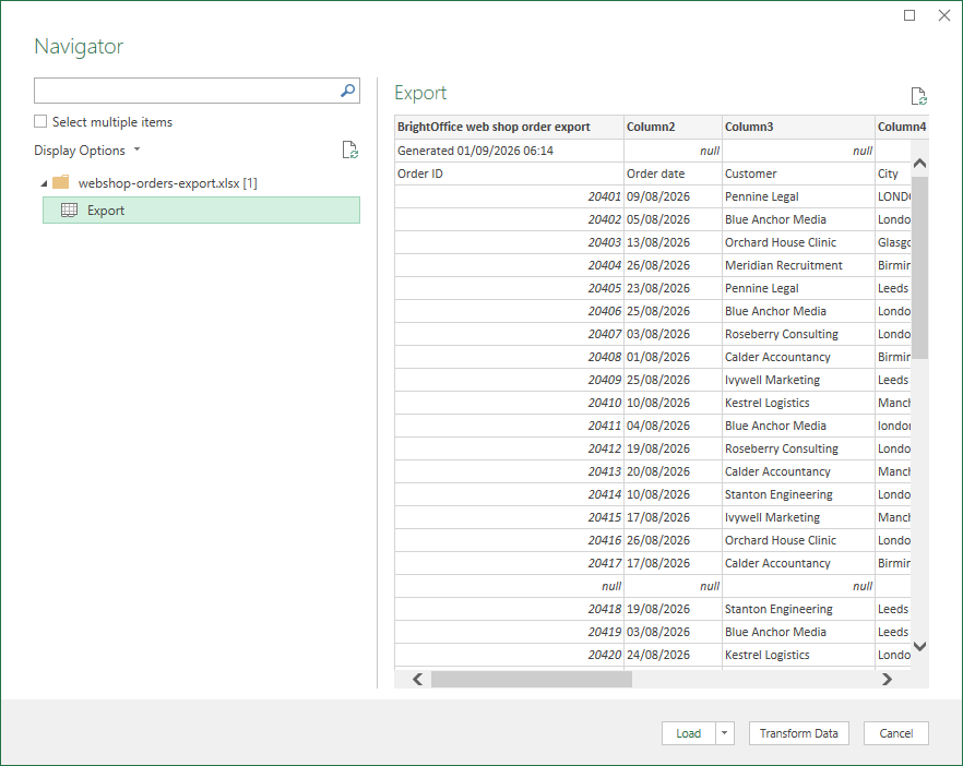 Excel's Navigator dialog with the Export sheet selected, its preview showing the banner rows and null cells Power Query is about to deal with