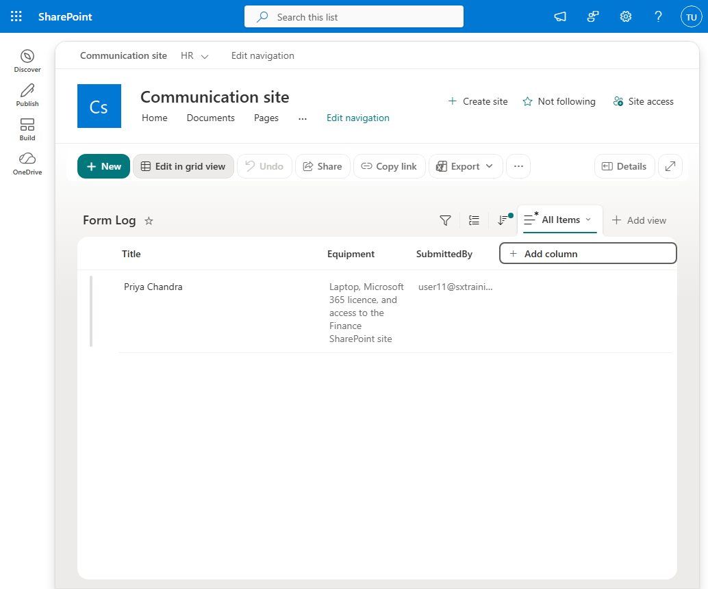The submitted response logged as a new row in the SharePoint list, every field populated