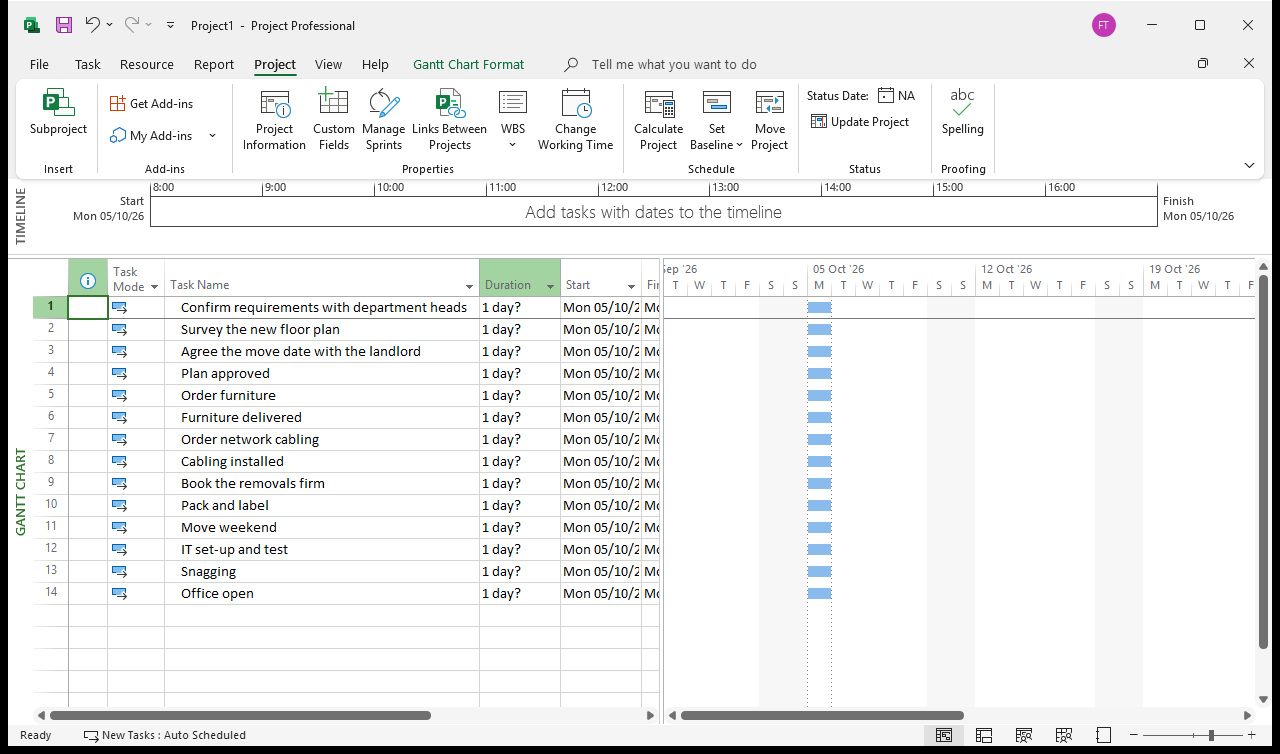 Fourteen office-move task names typed into the Task Name column, from 'Confirm requirements with department heads' to 'Office open', every row showing the default duration of 1 day? and identical Mon 05/10 start dates