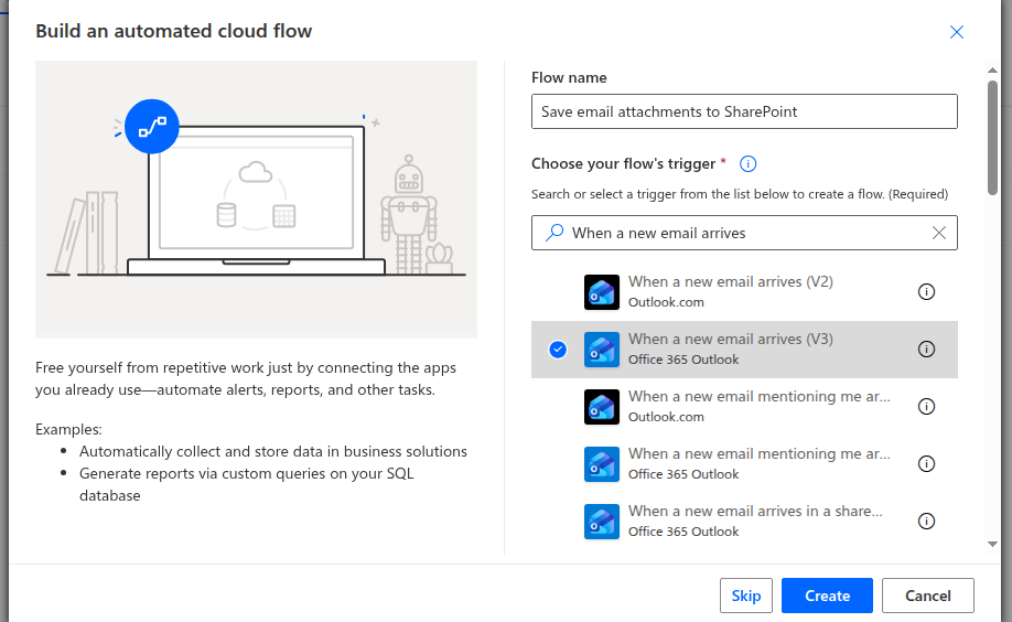 The V3 trigger selected — note it's the Office 365 Outlook one, not Outlook.com