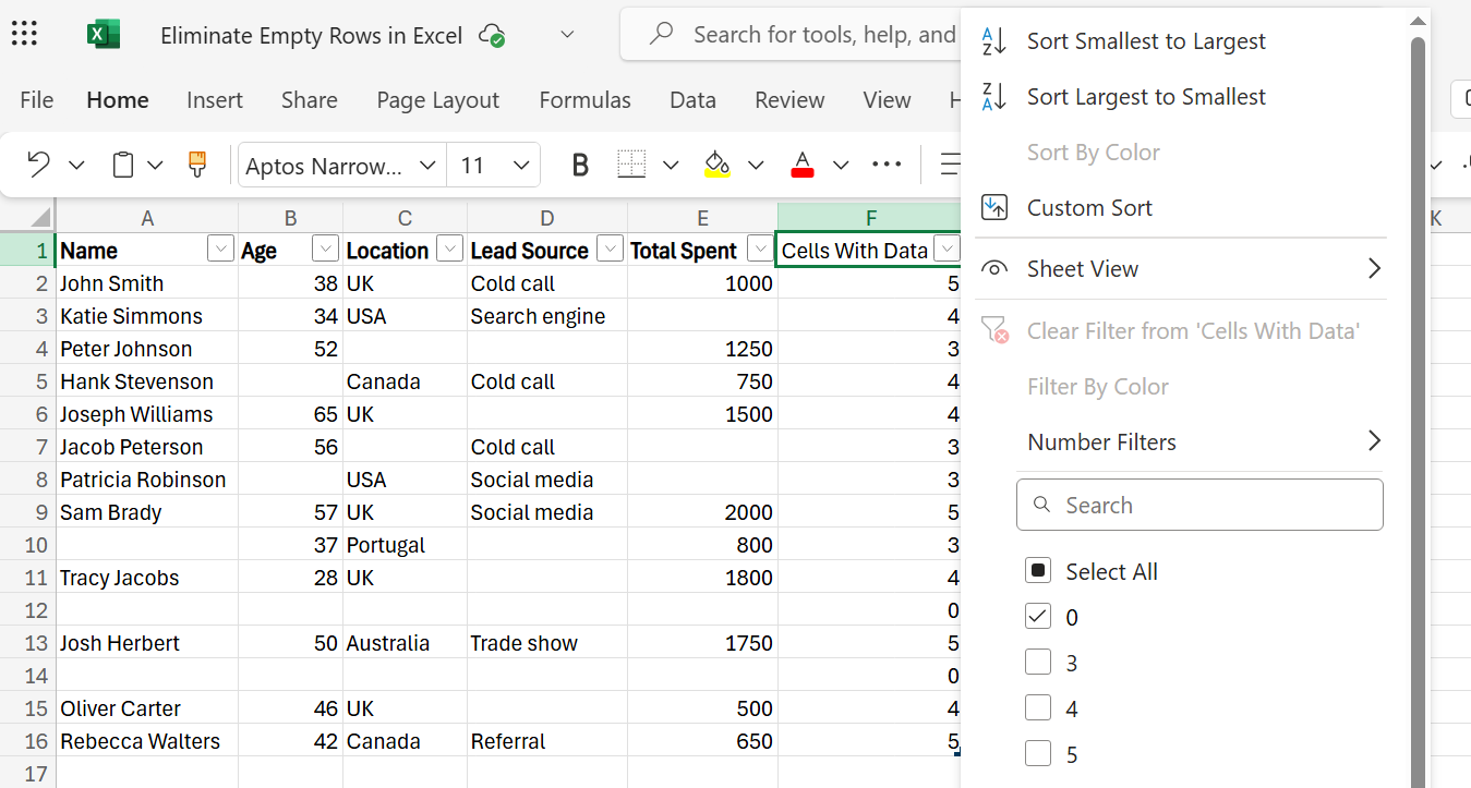 Excel Eliminate Empty Row