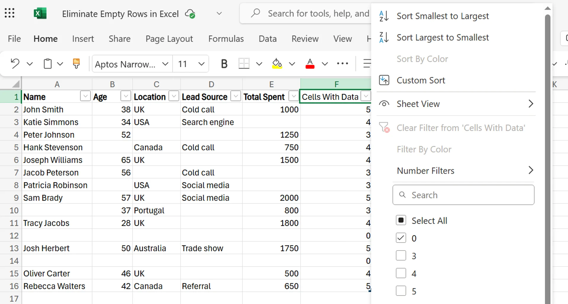 Excel Eliminate Empty Row
