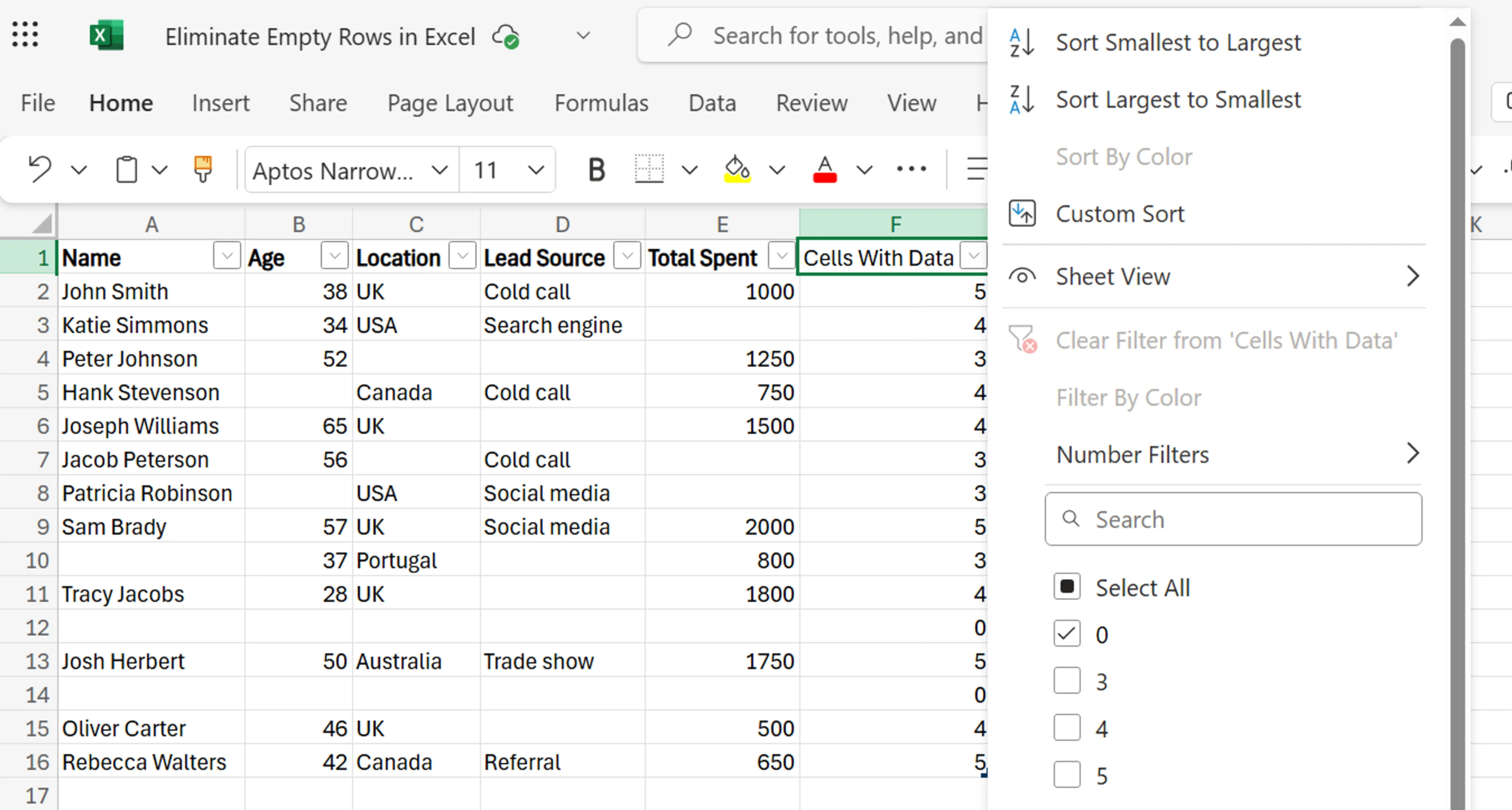 Excel Eliminate Empty Row