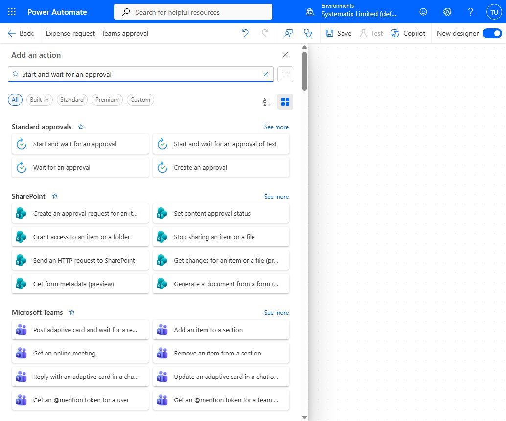 Searching for approvals and choosing "Start and wait for an approval" from the Standard approvals connector