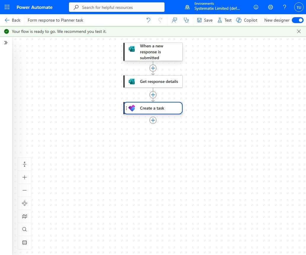 The finished flow: Forms trigger, Get response details, Create a task, Update task details