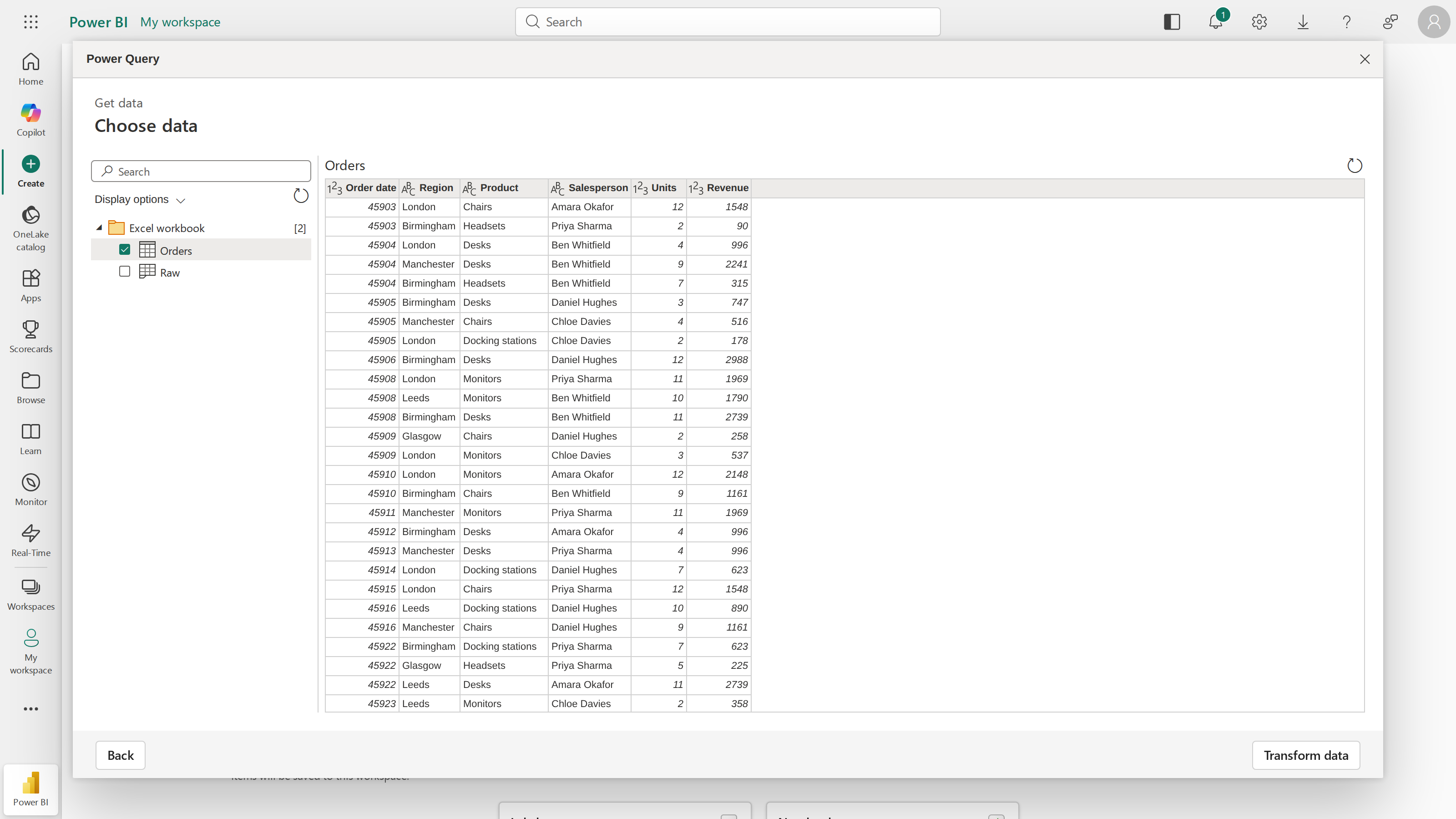The Choose data screen listing an Orders table and a Raw sheet, with the Orders preview showing dates as serial numbers like 45903