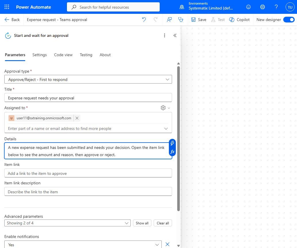 The approval action fully configured with Title, Assigned to and Details filled from dynamic content
