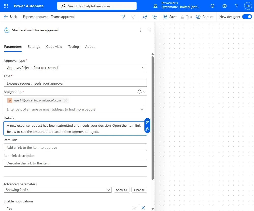 The approval action fully configured with Title, Assigned to and Details filled from dynamic content