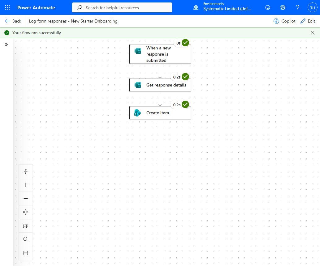 A successful test run with all three steps green