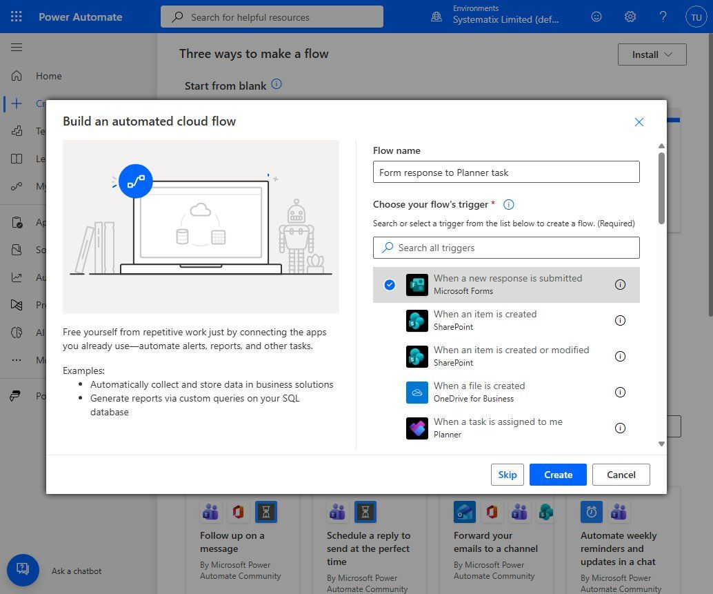 Naming the flow and choosing the Microsoft Forms "When a new response is submitted" trigger